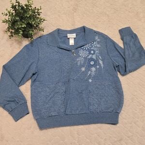 Alfred Dunner Blue Collared Floral Quarter Zip Granny Sweater, Petite Medium
